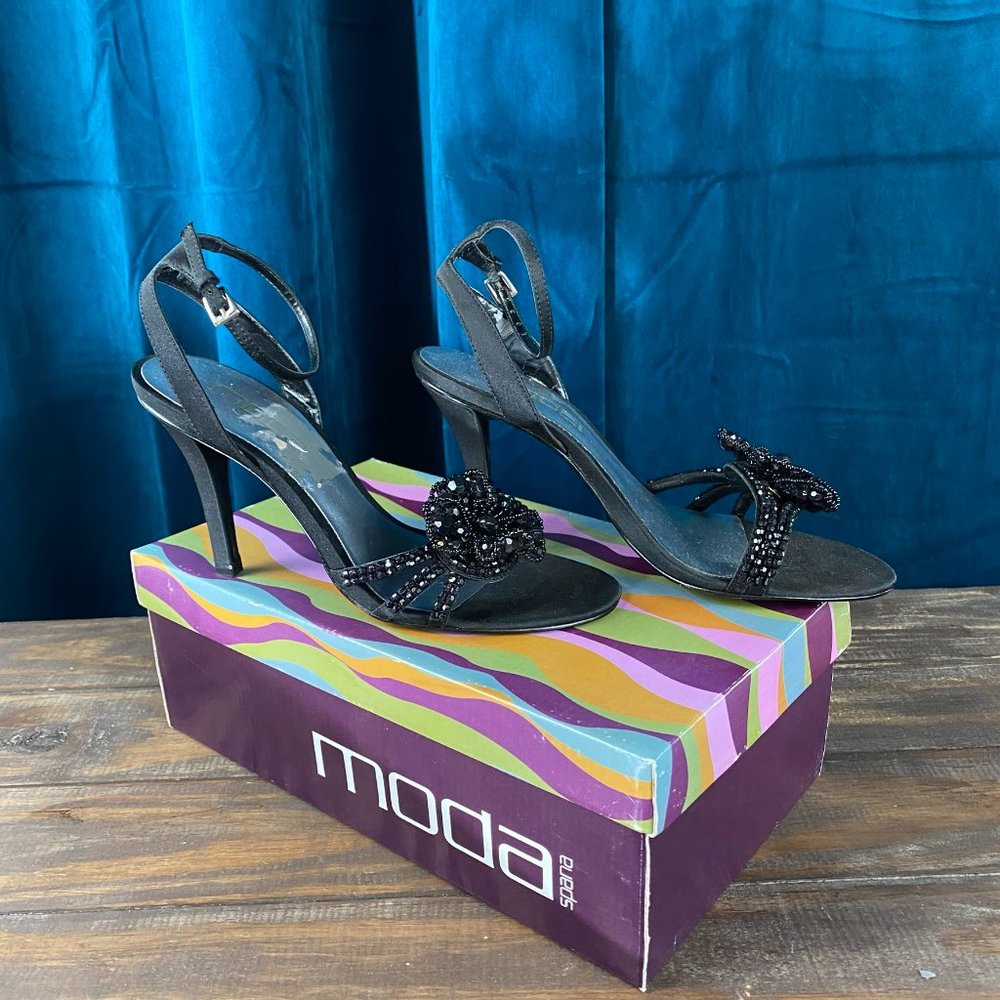 Moda Spana Beaded Black Ankle Strap Heels Sandal - Picture 2 of 8